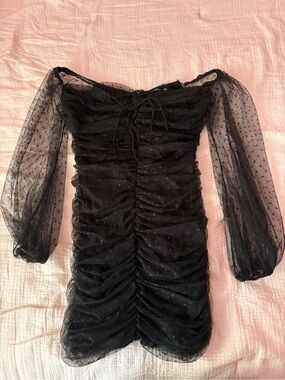 Fashion Nova Sheer Polka Dot Ruched Mini Dress - Black